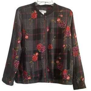 Christopher & Banks Black Floral Plaid Lightweight Bomber Jacket Size Medium